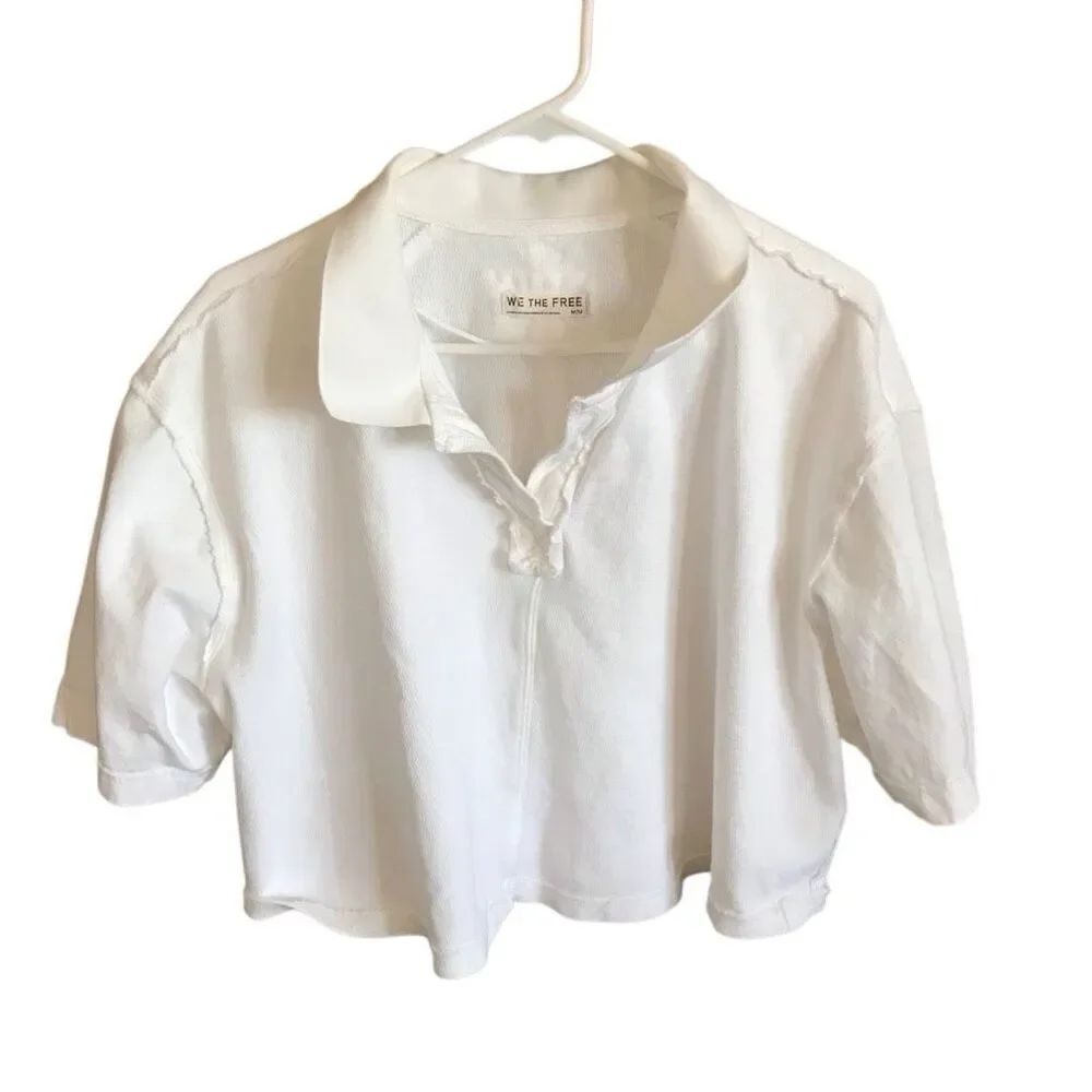 We the Free People SZ Med White short sleeve crop top exposed hem Denmark polo